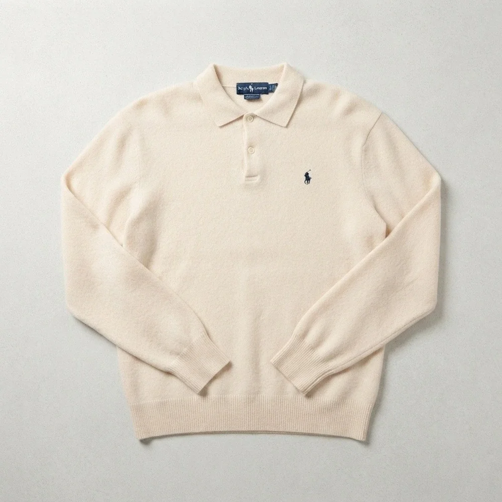 VINTAGE Polo Ralph Lauren 100% Lambswool Polo Sweater Italian Yarn Cream Large